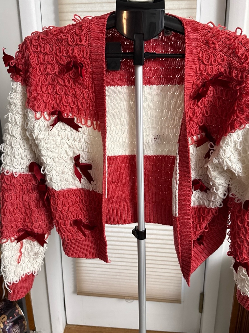 Red & White Loop-knit Cropped M Cardigan Sweater red bows holiday candy cane